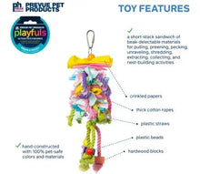 Hanging bird toy with thick cotton ropes, plastic straws, and crinkled paper pieces