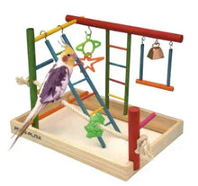 Wood bird playpen with colorful rails, ladders, and hanging bell toys