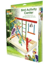 Bird activity center retail box showing colorful wooden playpen with hanging toys