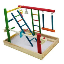 Wooden bird playpen with multicolor ladder, perches, and hanging bells