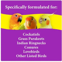 Purple bird food label listing cockatiels, grass parakeets, conures, lovebirds