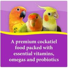 Purple bird food bag panel with cockatiel illustrations and text about vitamins, omegas