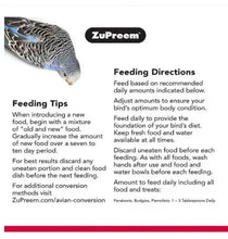 Bird food bag back with Feeding Directions and Feeding Tips text, ZuPreem logo