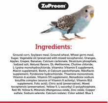 Zupreem bird food ingredients panel with small bird graphic and ingredient list
