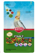 Bird food pouch for cockatiels, Kaytee Exact, multicolor kibble graphic