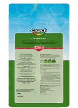 Cockatiel food pouch back label, Kaytee Exact, ingredient and feeding info