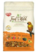 Kaytee conure species bird food pouch, orange and beige label with parrot illustration