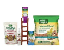Bird starter kit with Wild Harvest seed mix bag and feeder accessories