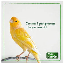 Bird starter kit card with yellow canary illustration, reads contains 5 products