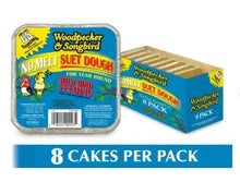 No-melt suet dough wild bird food tin with Woodpecker & Songbird branding