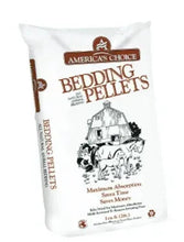 Americas Choice bedding pellets bag, white with brown logo and horse drawing