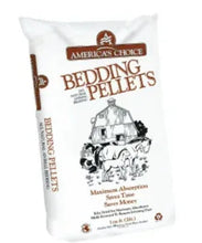 Americas Choice bedding pellets bag, white with brown label and illustration