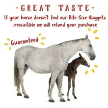 Gray and white horses promoting bite-size nuggets treats