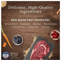 Dog food ingredients panel with real bison first ingredient and list