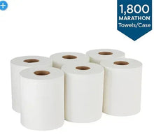 White 1-ply centerpull paper towel rolls, multiple rolls with brown cores
