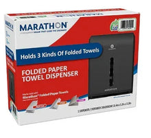Marathon folded paper towel dispenser in smoke-gray, retail box packaging