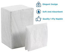 Stack of white embossed 1-ply dinner napkins with one napkin folded outward.