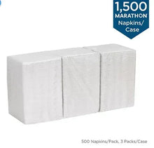 Folded white embossed 1-ply dinner napkins stacked in shrink-wrapped bundle.