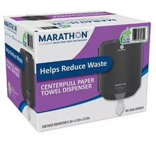 Centerpull paper towel dispenser retail box with black and purple graphics