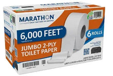 Marathon jumbo 2-ply toilet paper pack, 6-roll box with 6,000 feet label
