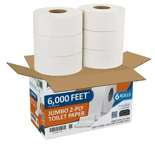 Marathon jumbo 2-ply toilet paper 6-roll carton, 6,000 feet label and stacked rolls