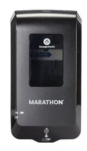 Black automated soap dispenser with front window and MARATHON logo