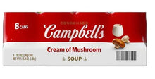Campbell's cream of mushroom soup multipack box with 8 cans label