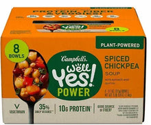 Spiced chickpea soup carton showing 8 bowls and 10g protein per bowl