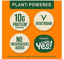Plant-powered chickpea soup carton with vegetarian and no preservatives badges