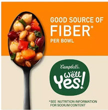 Well Yes chickpea soup on spoon with good source of fiber per bowl text