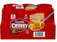Red 6-pack soup cartons, Chunky chicken noodle variety
