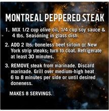 Montreal peppered steak seasoning instructions panel with steps and 8 servings