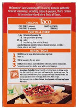 McCormick Original Taco seasoning mix back panel with directions and ingredients