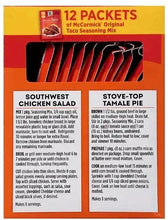 McCormick Taco seasoning mix 12 packets, label showing chili and stove-top options