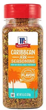 McCormick Caribbean Jerk seasoning bottle with red cap, spice blend in clear jar.