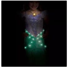 Girls mermaid light-up costume with purple top, green skirt, glowing LED shell necklace