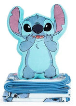 Stitch character blanket with folded blue stripes under the figure