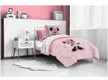 Minnie Mouse bed set with pink-and-white comforter and matching pillow with Minnie