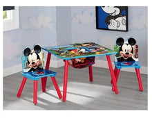 Kids table and 2 chairs set with Mickey Mouse storage panels, colorful tabletop