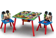 Kids table and 2 chairs set with Mickey Mouse storage panels, colorful play tabletop