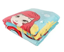 Light blue faux fur throw blanket with Ariel character print and multicolor wave graphic