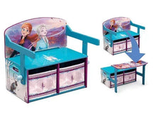 Convertible kids activity bench set with character print, hinged top, turquoise frame