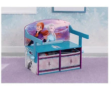 Kids activity bench with rounded backrest, character graphic panels, turquoise support frame
