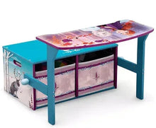Convertible kids activity bench with character print, turquoise frame, storage under seat