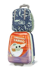 Kids rolling luggage set with navy rocket pattern and purple Precious Cargo character