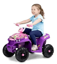 Purple 12V ATV toy ride-on with pink accents, four large wheels and handlebar