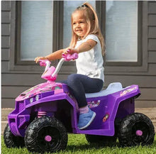 Purple ATV toy ride-on with pink handlebar and seat, four large black tires