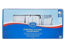 Plastic cutlery assortment box with white utensils, 540-count