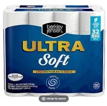 Berkley Jensen Ultra Soft bath tissue package with 32 Big Rolls label, blue front