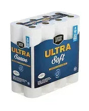 Bath tissue rolls, blue “Ultra Soft” box design and front labels on stack